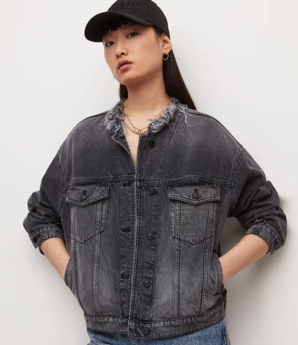All Saints Bloom oversized logo black denim jacket size 2